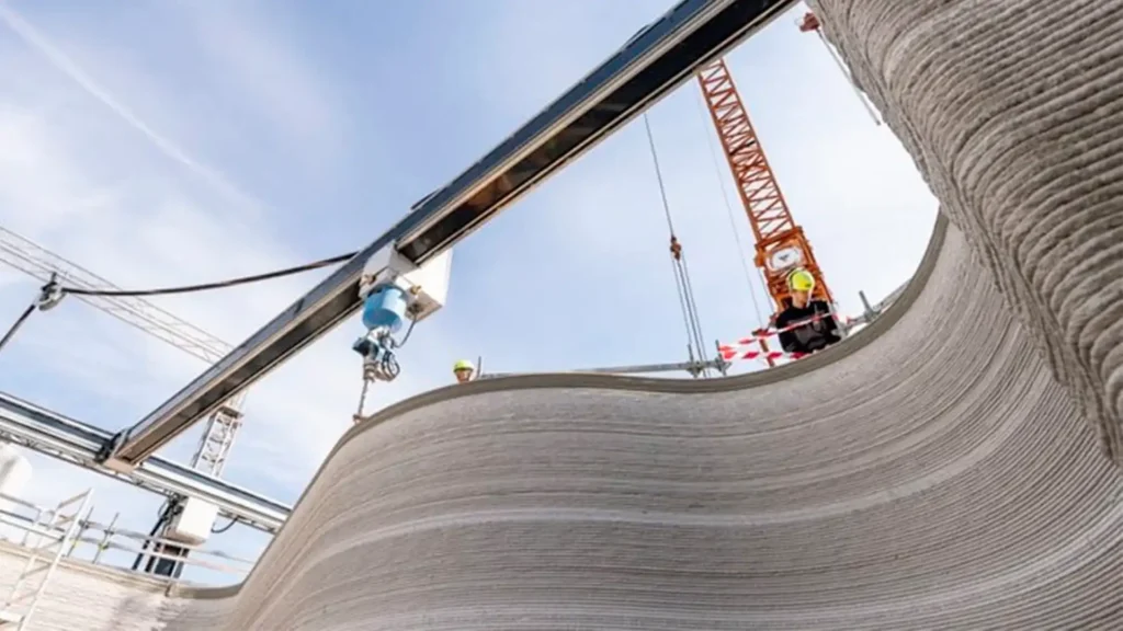 Prédio sendo construído com impressão 3D. Disponível em: https://www.industria40.ind.br/noticias/23840-empresa-alema-esta-construindo-maior-predio-impresso-3d-europa Acesso em: 09/04/2025 ás 15:00h.